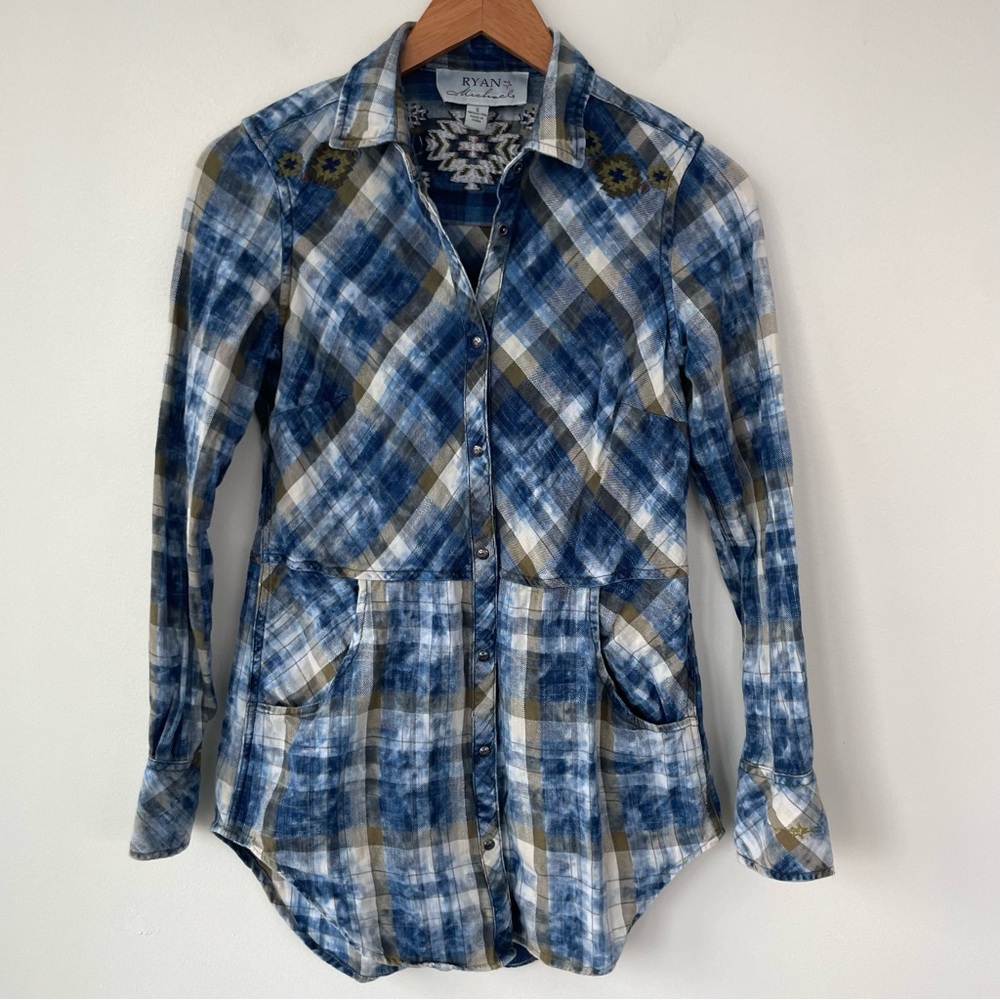 Ryan Michael Indigo Blue Moss Green Plaid Snap Western Embroidered Tunic S Small